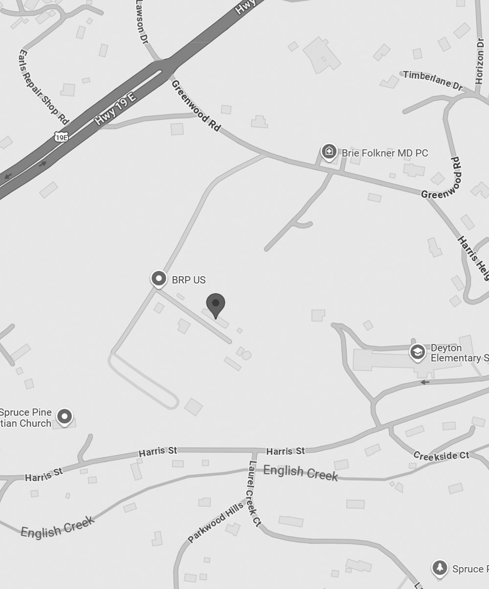 Map showing the location of the BRP plant at 1211 Greenwood Road, Spruce Pine, North Carolina 28777